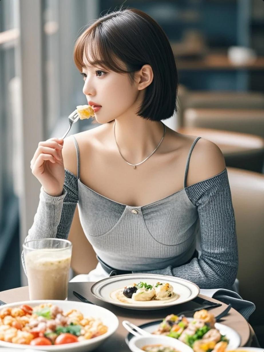 美食映衬下的优雅身影