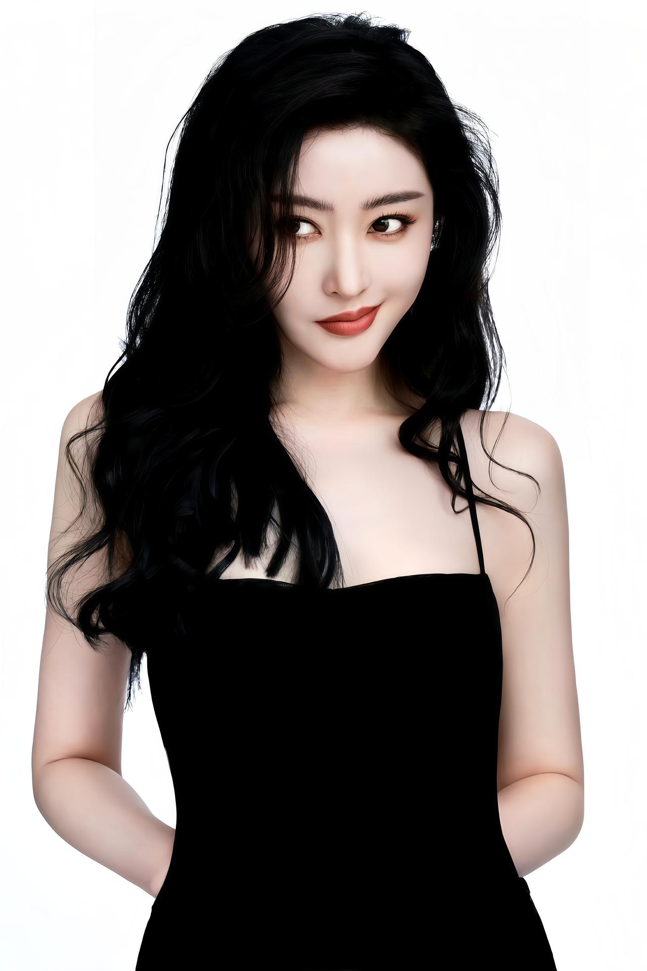 张天爱，黑发红唇，优雅气质，黑白搭配，时尚迷人。张天爱高级感写真推荐黑发红唇