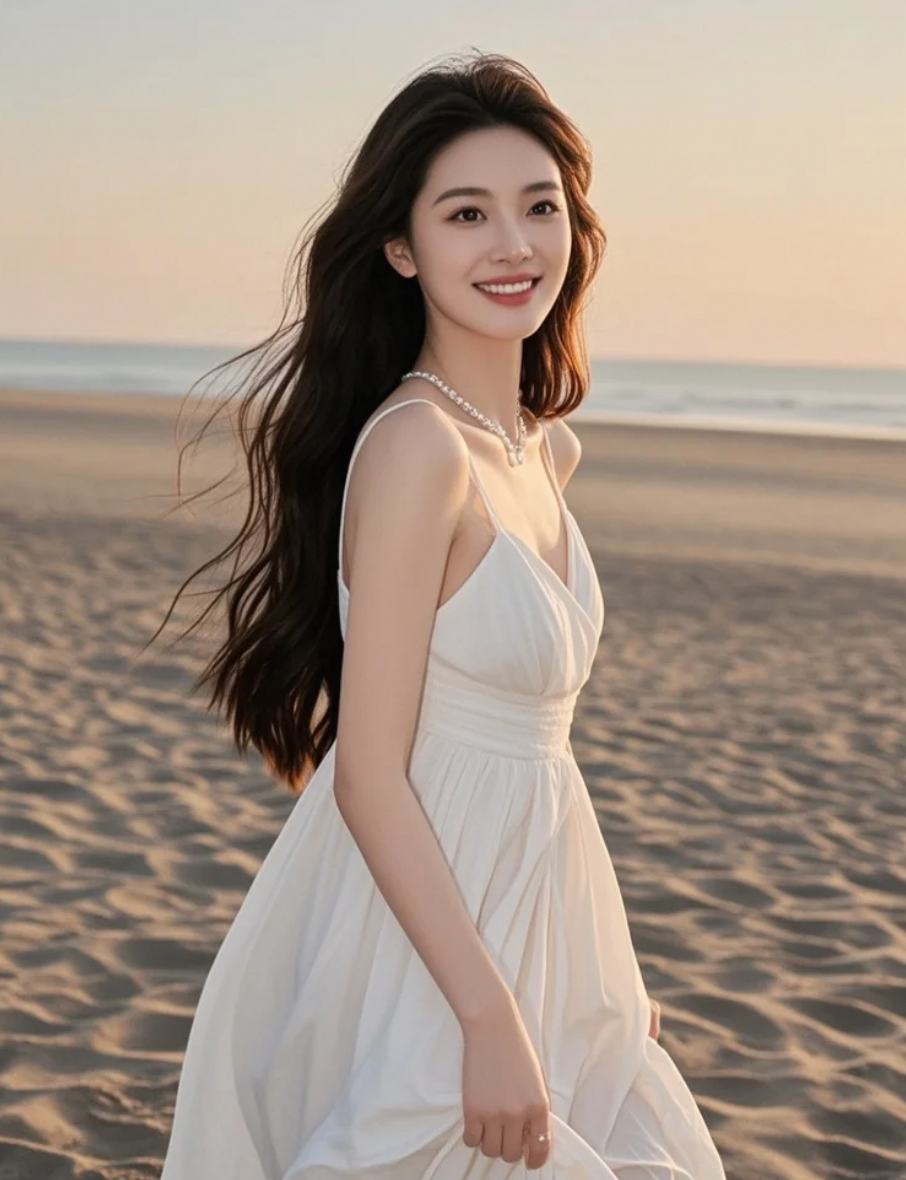长发与海风交织，女神的温柔笑意定格永恒瞬间