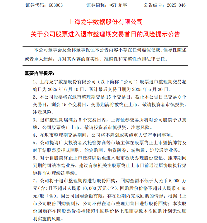 罕见! 603003, 拟退市整理期内回购!
