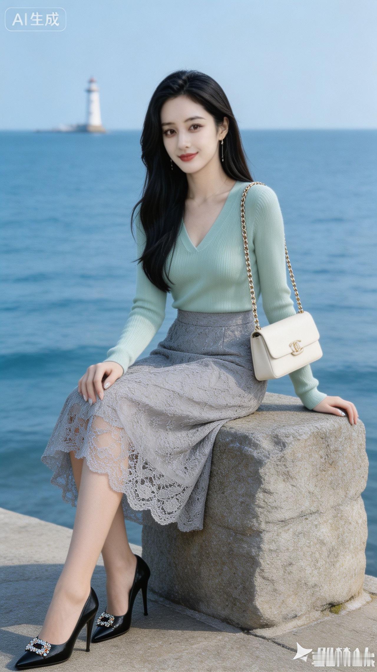 海边漫步，清新穿搭，优雅气质，享受美好时光。