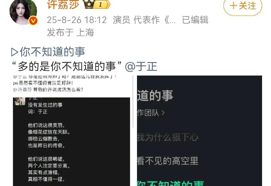 于正也没想到，自己有天会被人追着问候。许荔莎有点杀疯了，已经是红V了，爆料当天