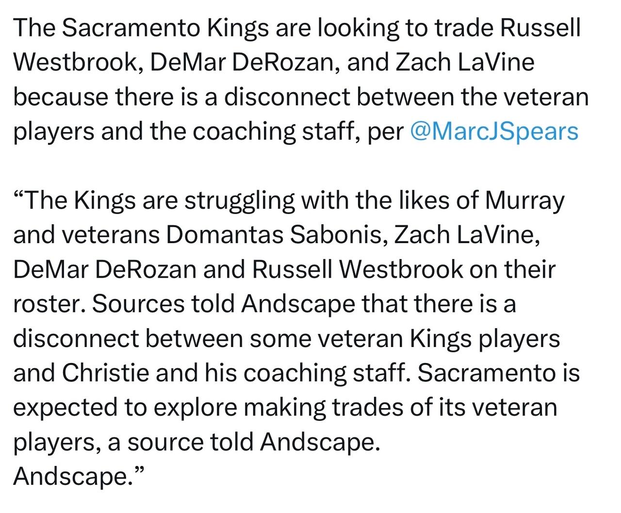 据MarcJ.Spears消息，萨克拉门托国王队计划交易拉塞尔·威斯布鲁克、