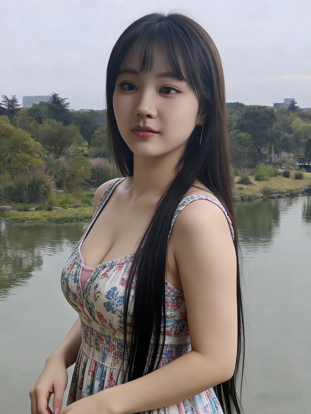 湖畔立花裙，风轻水漾纹。回眸一笑浅，湖色醉三分。