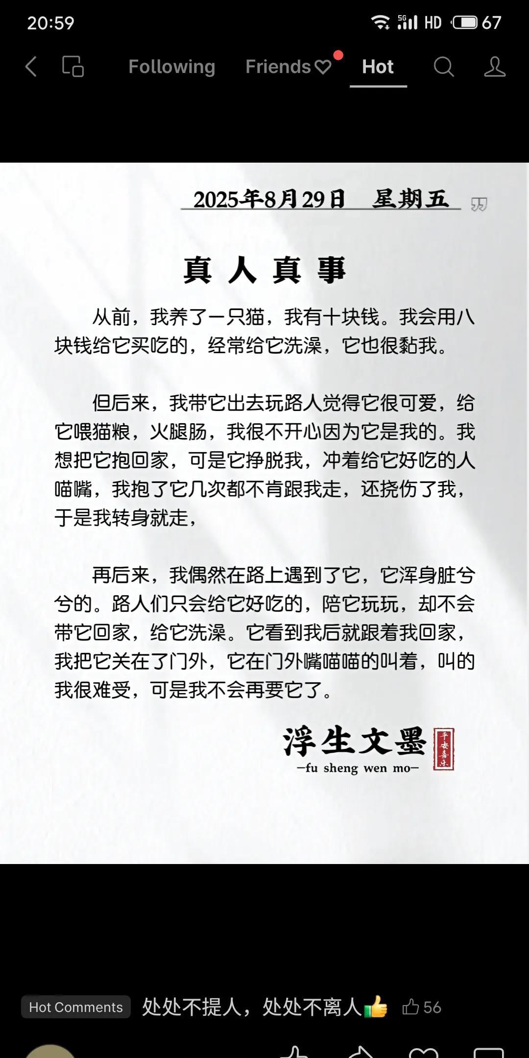 这则故事以猫喻人，讲述了一段因背叛而终结的关系。主人全心付出却遭宠物抓挠背离，即