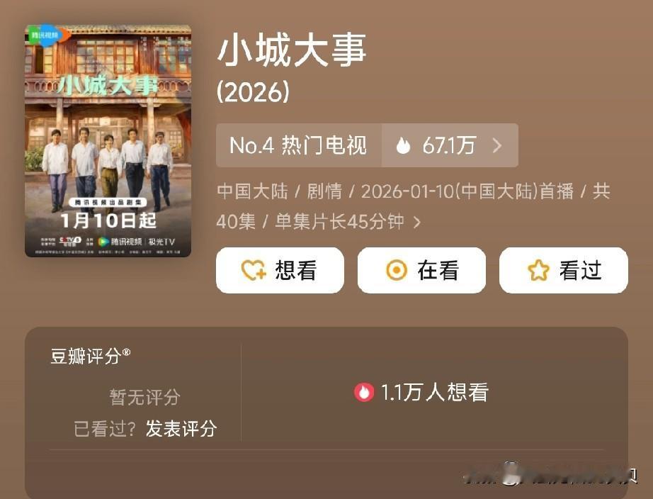 小城大事都大结局了，豆瓣竟然还没开分呢？这。。有点尴尬了啊。。而且到现在为止