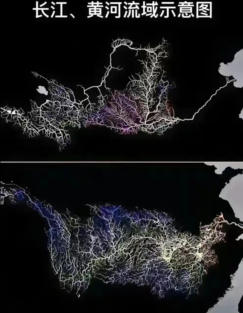 这是长江和黄河两条大河的水系图！我们会有发现一个惊人的现象，那就是这两条大河的下