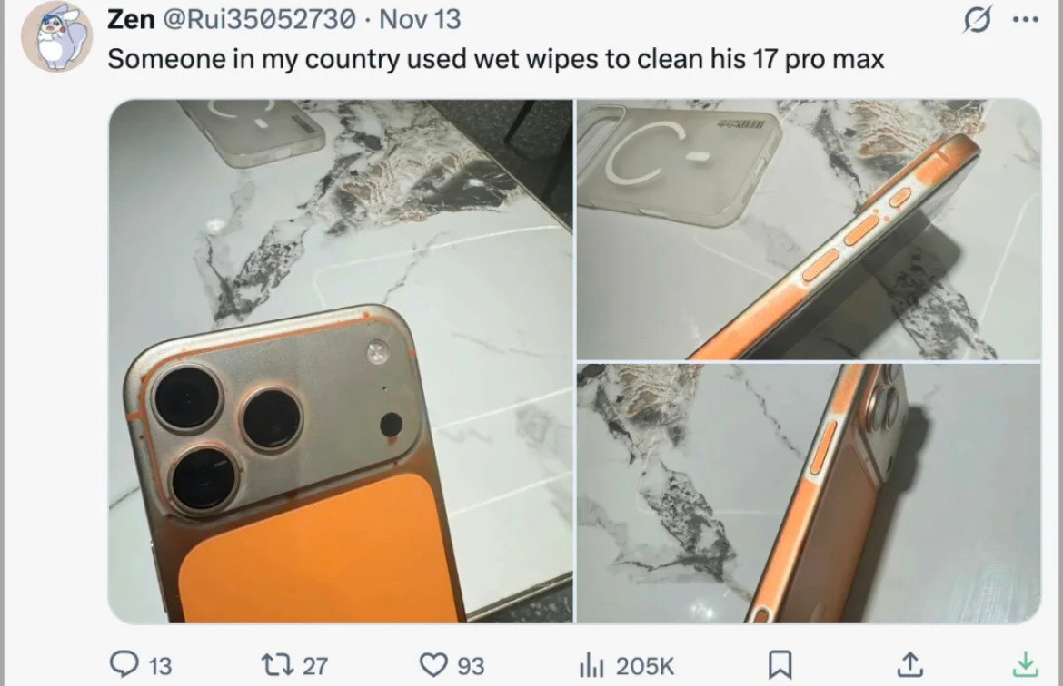 那还不如买银色手机…掉色了也看不出来…也很好奇他用的什么牌子湿巾，这么厉害？