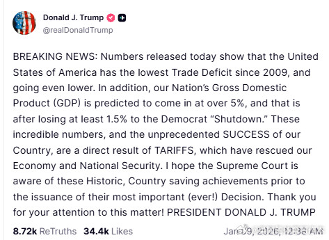【黄金时代】川普转推自己1月9日TRUTH,重申，最高法院判定关税案至关重要川