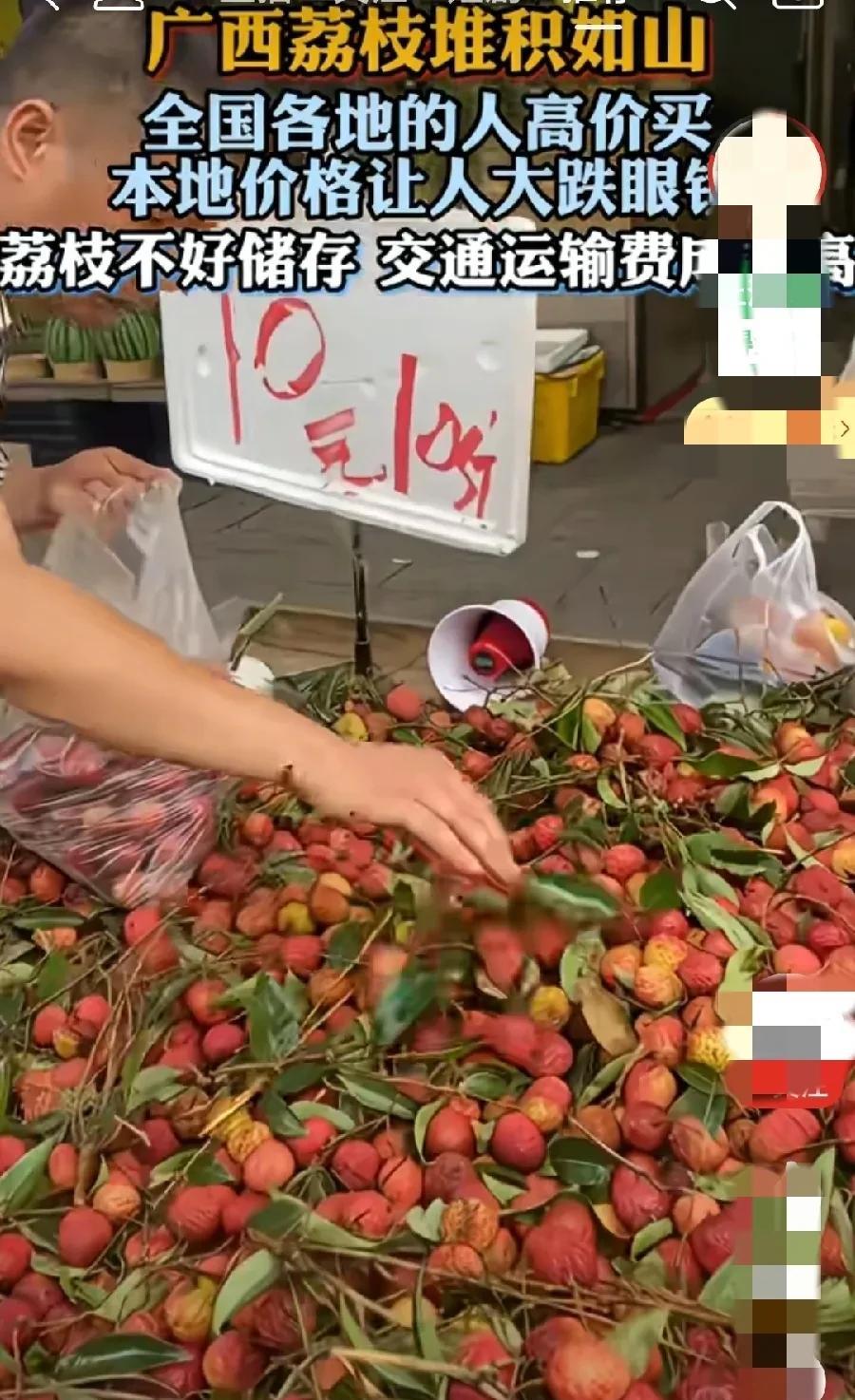今年荔枝是不是大丰收了？价格怎么会这么低！广西摊贩卖荔枝，10块10斤，算下来一