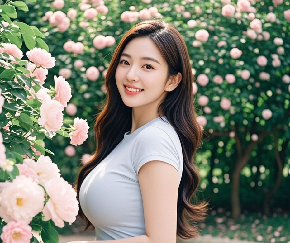 少妇娉婷映花影，修身华服韵无穷