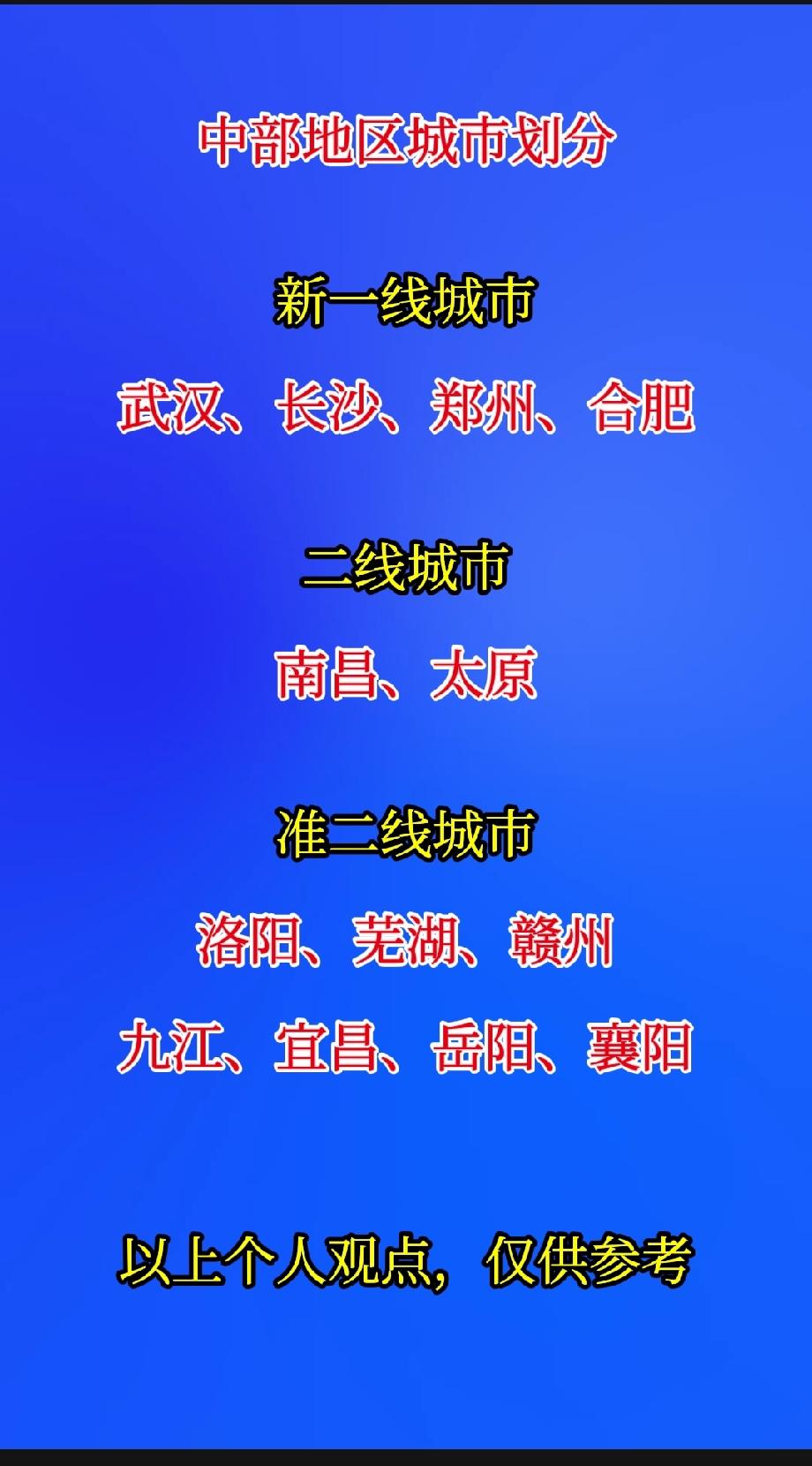 中部地区城市划分新一线城市武汉、长沙、郑州、合肥二线城市南昌、