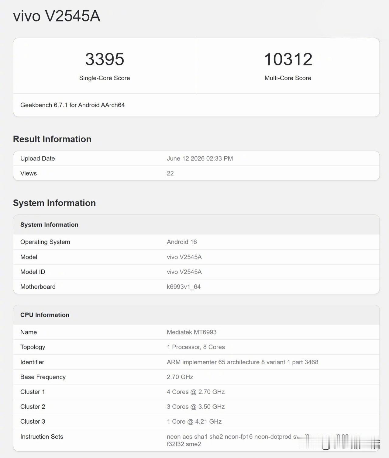iQOONeo11S现身Geekbench：天玑9500+16GB内存