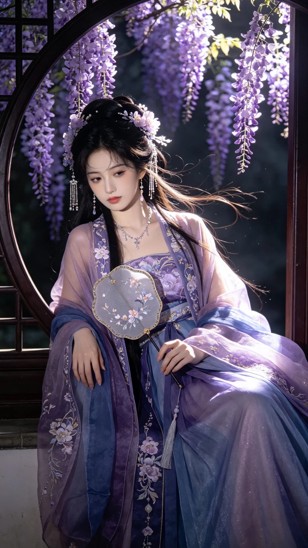 国风幽婉绮丽紫藤美少女，美艳绝伦，垂髻披发，身着紫蓝渐变纱质汉服配花饰...