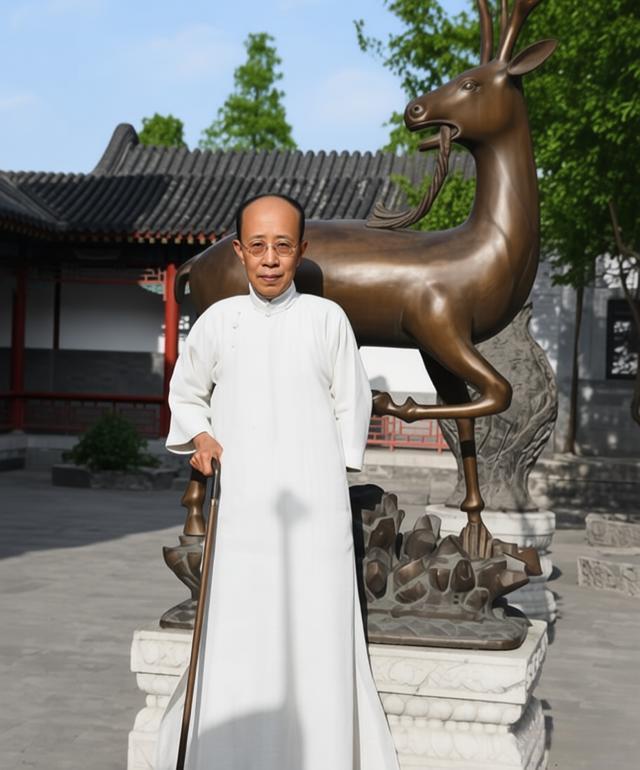这张照片拍摄于1935年，北京颐和园，一位身穿传统中式长袍、戴眼镜、手持手杖、站