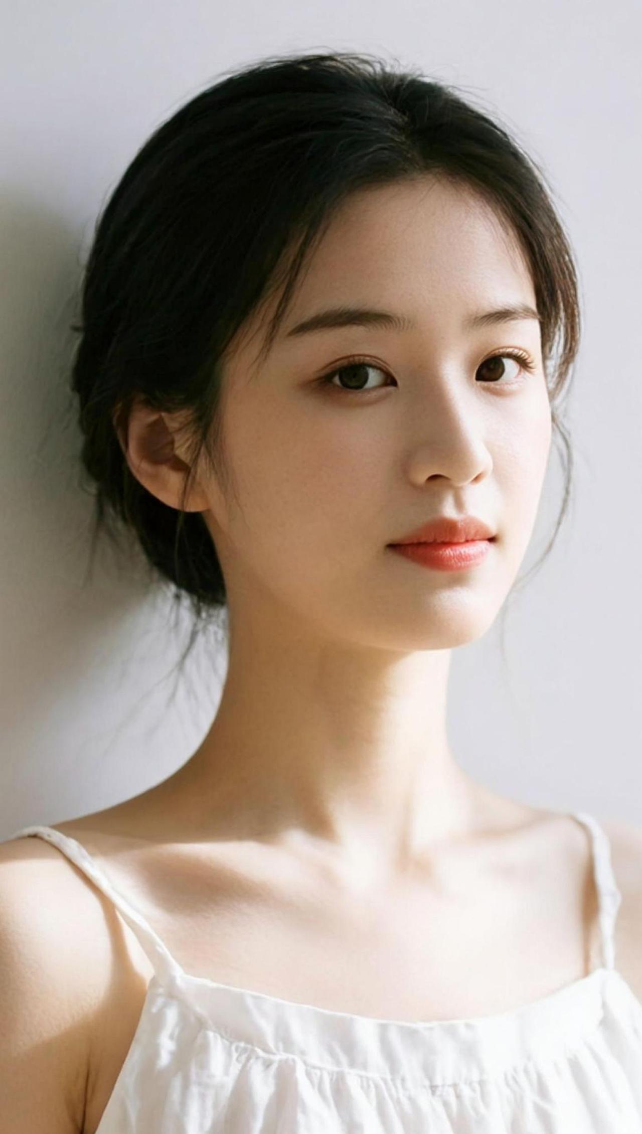 在柔和的光线下，她仿佛是时光里走出来的精灵，带着一丝温柔与宁静。背景虚化，突显出