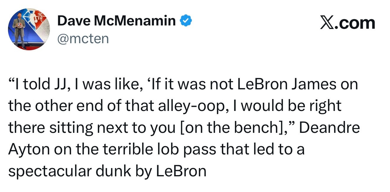 艾顿谈那次糟糕的高抛传球，最终却成就了勒布朗一记精彩扣篮：“我跟雷迪克说，要不是