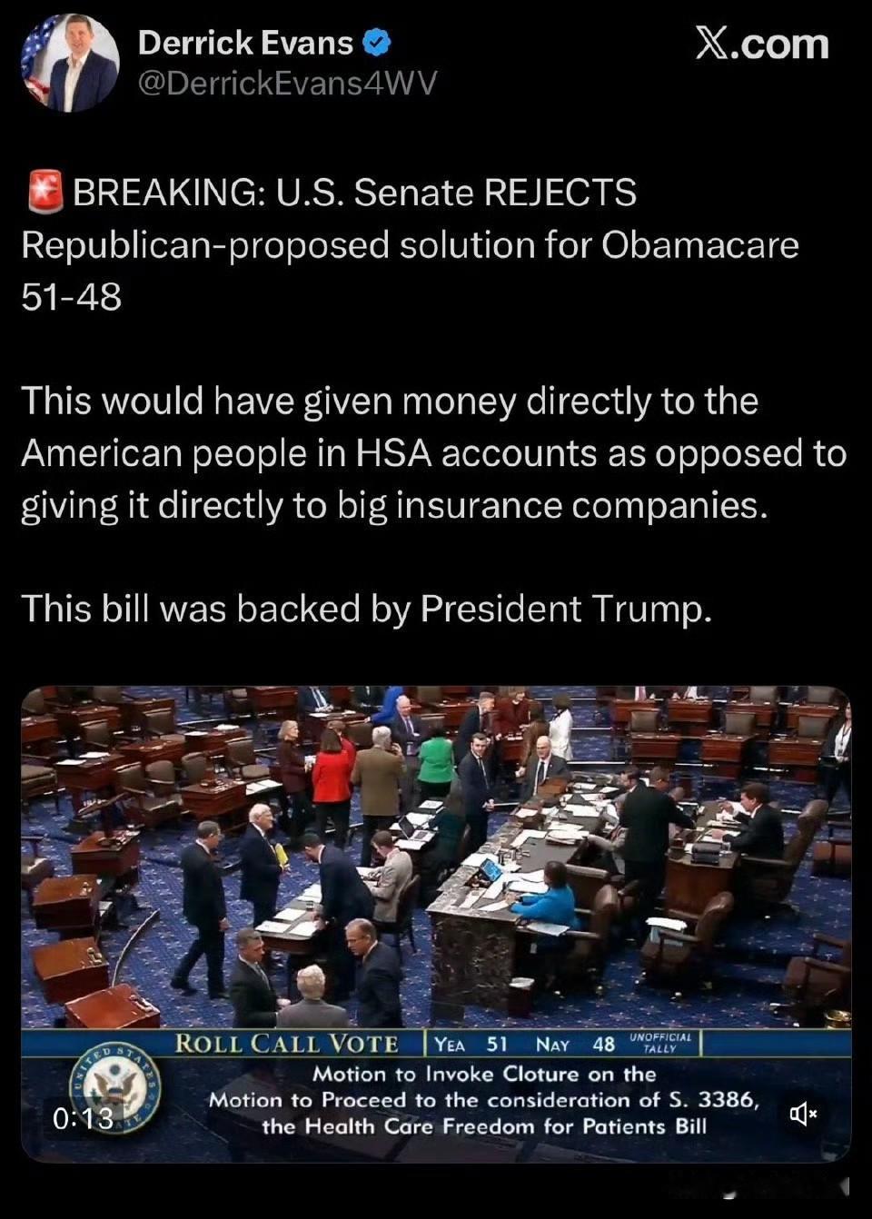 共和党提案将医疗保险的钱直接发给民众，而不是交给保险公司，结果在参议院被51-4
