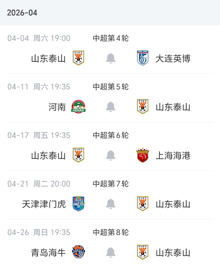 泰山队即将在4月份迎来密集赛程，一共踢5场比赛，2个主场3个客场，分别是主场踢大