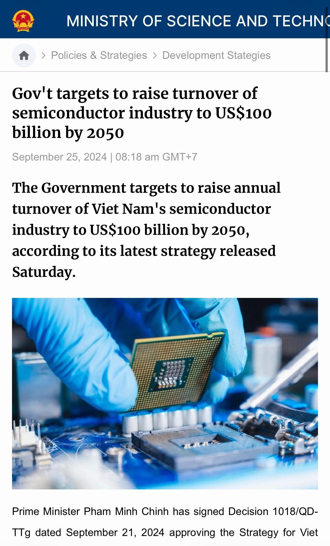 越南的半导体路线正在变得清晰。越南政府提出，到2030年形成至少100家芯片设计