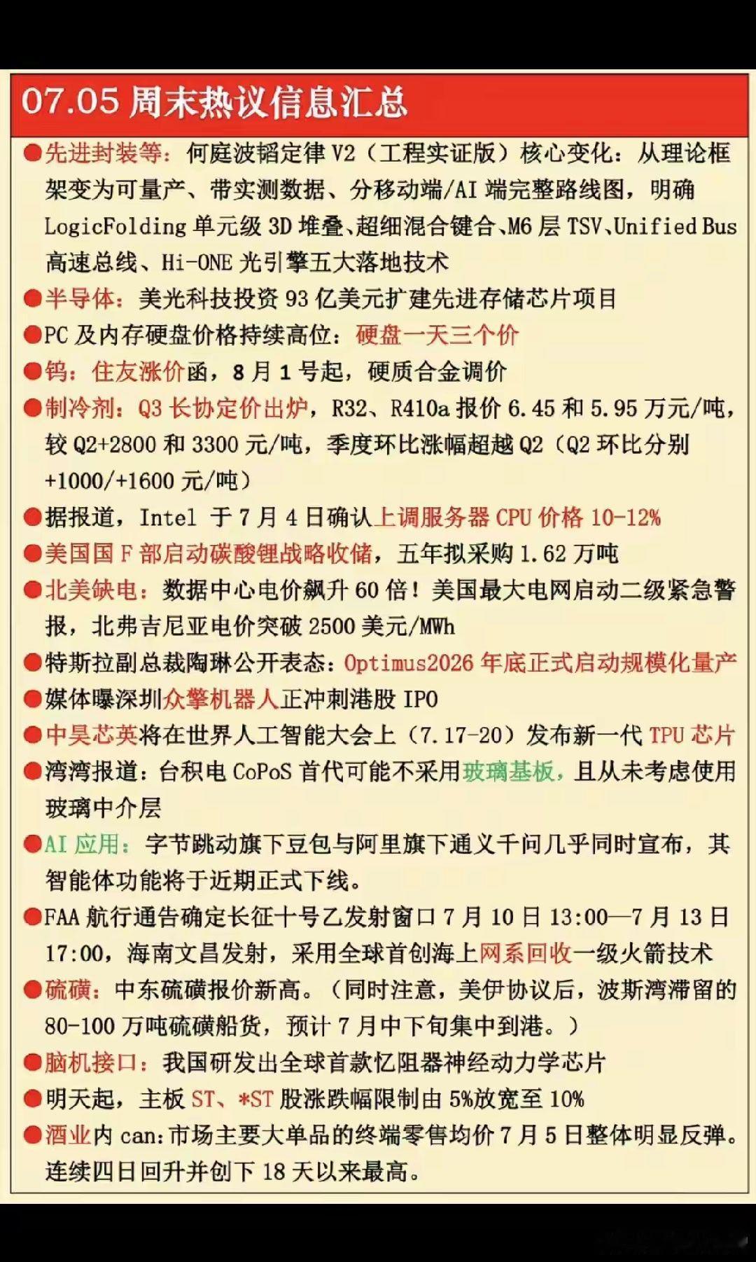 周末市场热议方向+财经消息汇总1.先进封装，韬定律2.PC机及硬盘3.金属钨4.