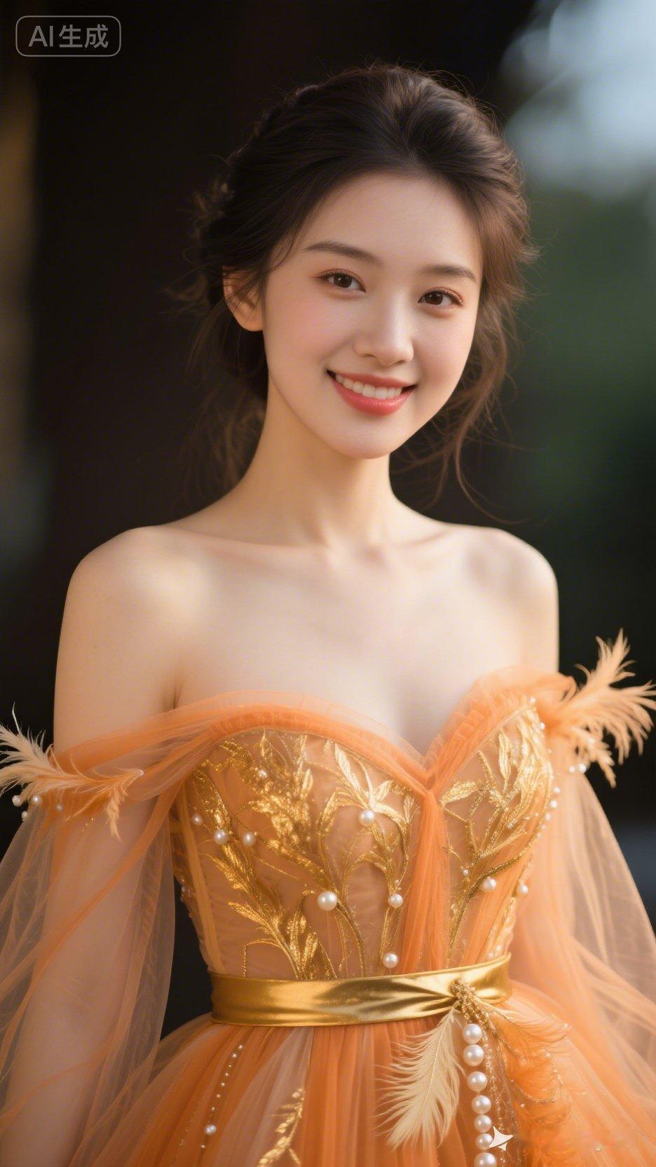 优雅仙女风，金色刺绣礼服，甜美笑容，梦幻背景。