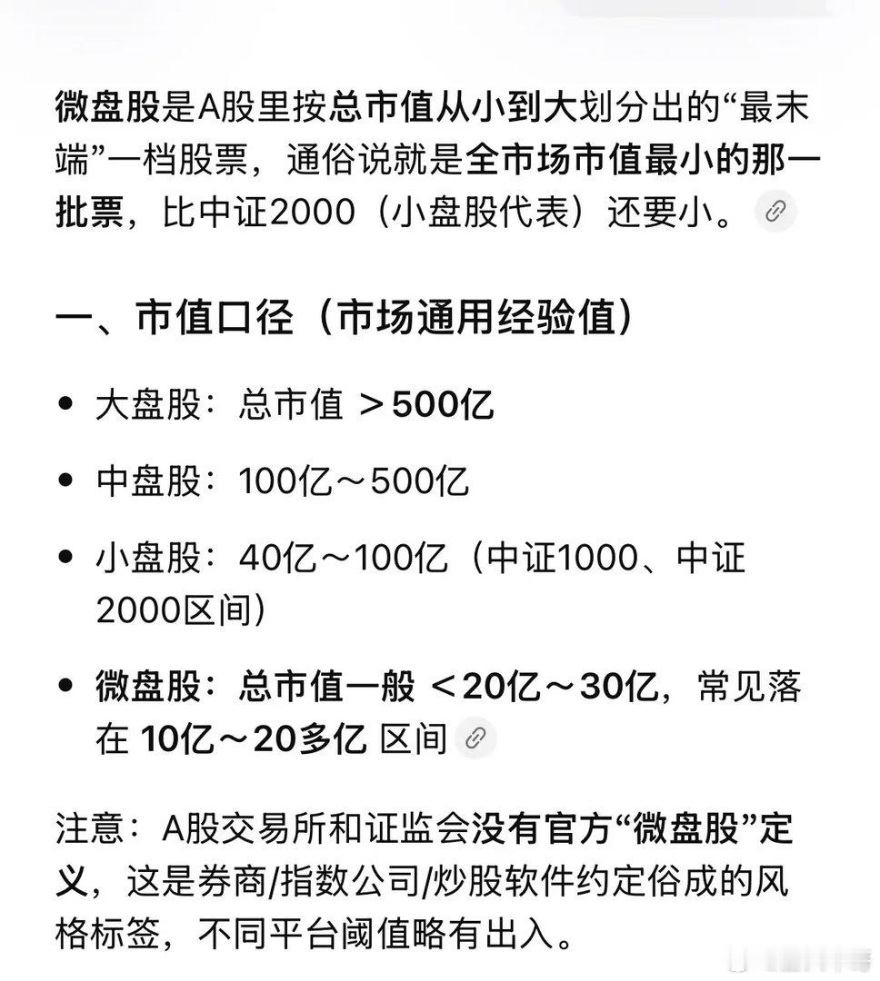 什么叫微盘股大盘股：总市值＞500亿•中盘股：100亿～500亿•小盘股：