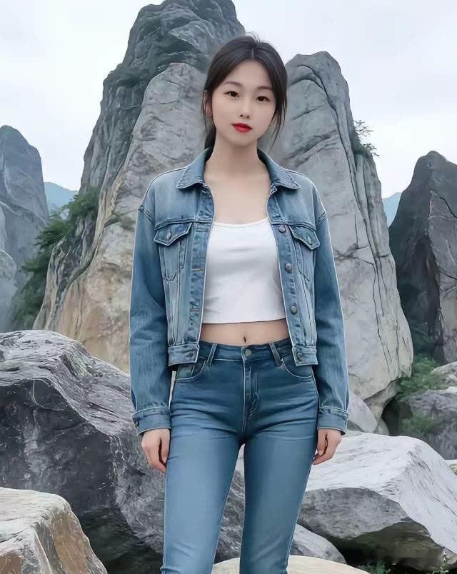 元气少女在山间，牛仔穿搭显青春！