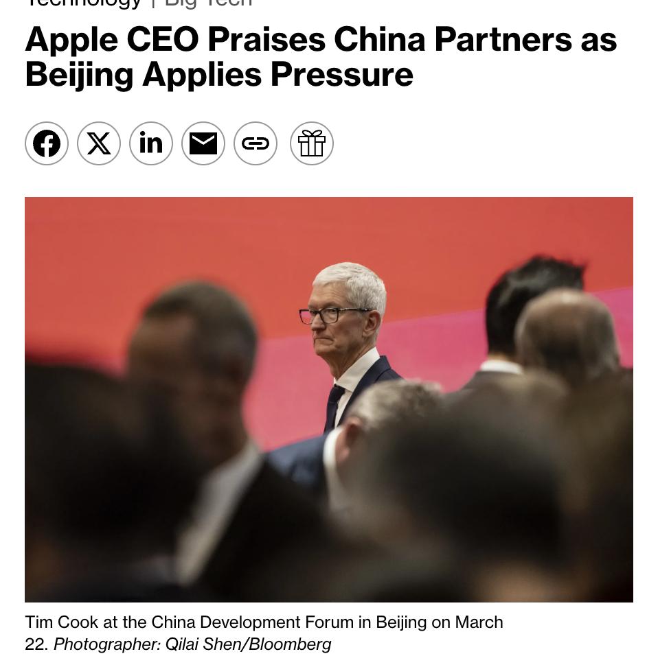 美媒：苹果CEO库克赴华示好苹果CEO蒂姆·库克3月22日出席北京中国发展高
