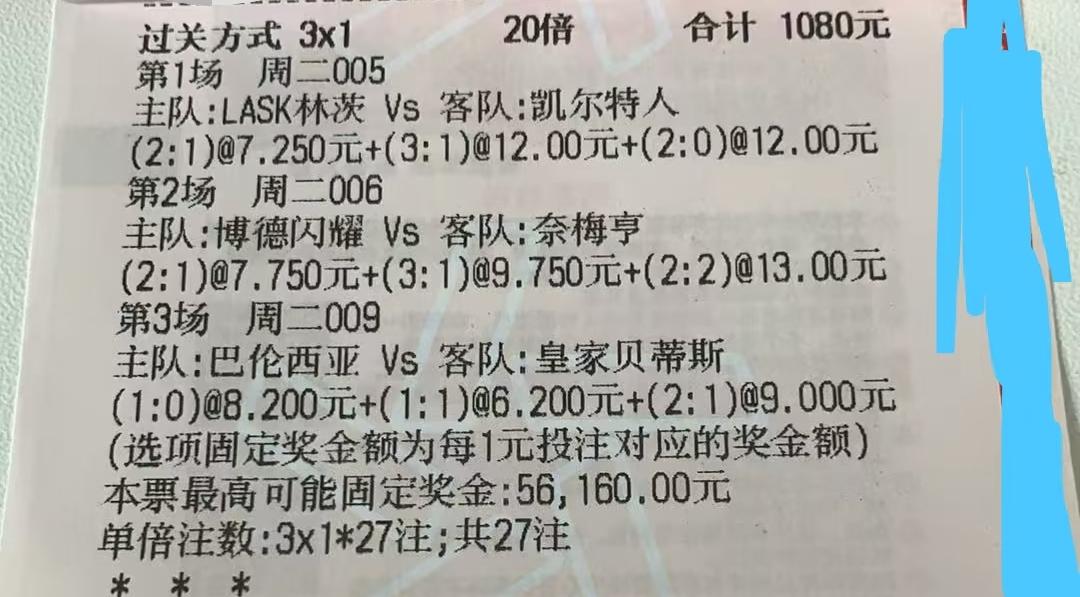 这位大哥1080元的彩票，估计也是有钱人，如果能中奖，至少几万了。这里面有两场