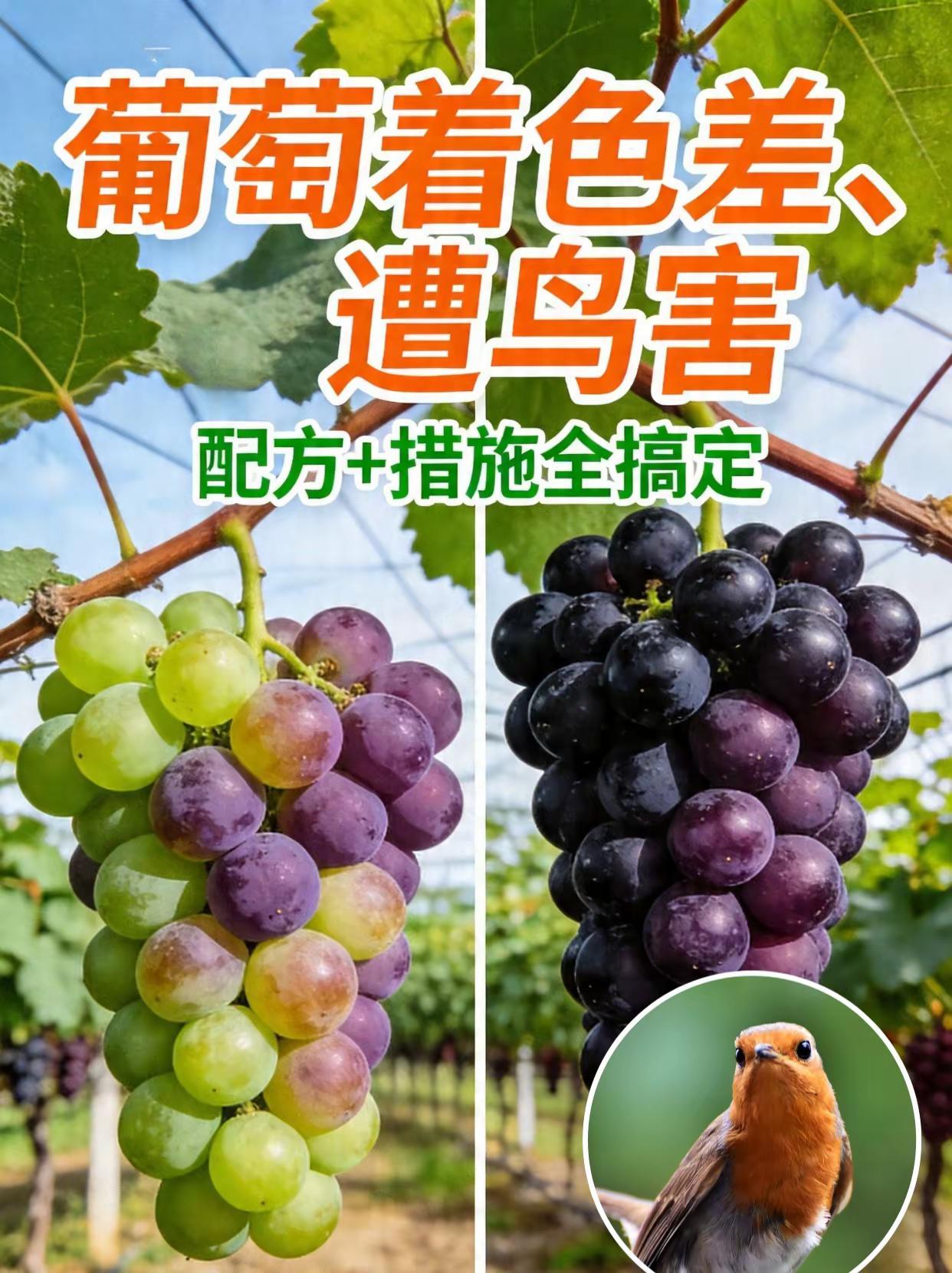 葡萄着色不良遭鸟害，配方+措施全搞定！。葡萄种植着色不良