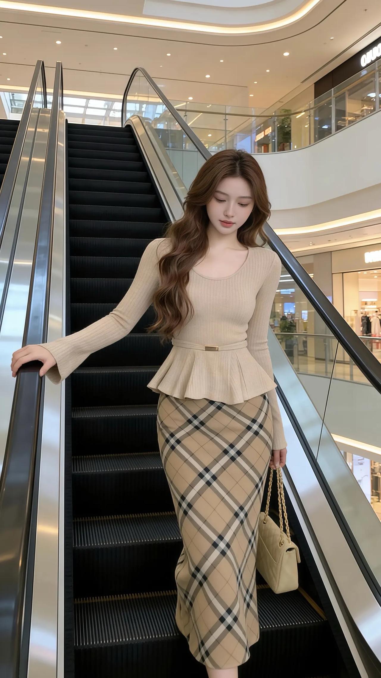 怎样穿搭知性又显身材?优雅穿搭指南：米色毛衣+格子裙，时尚出街