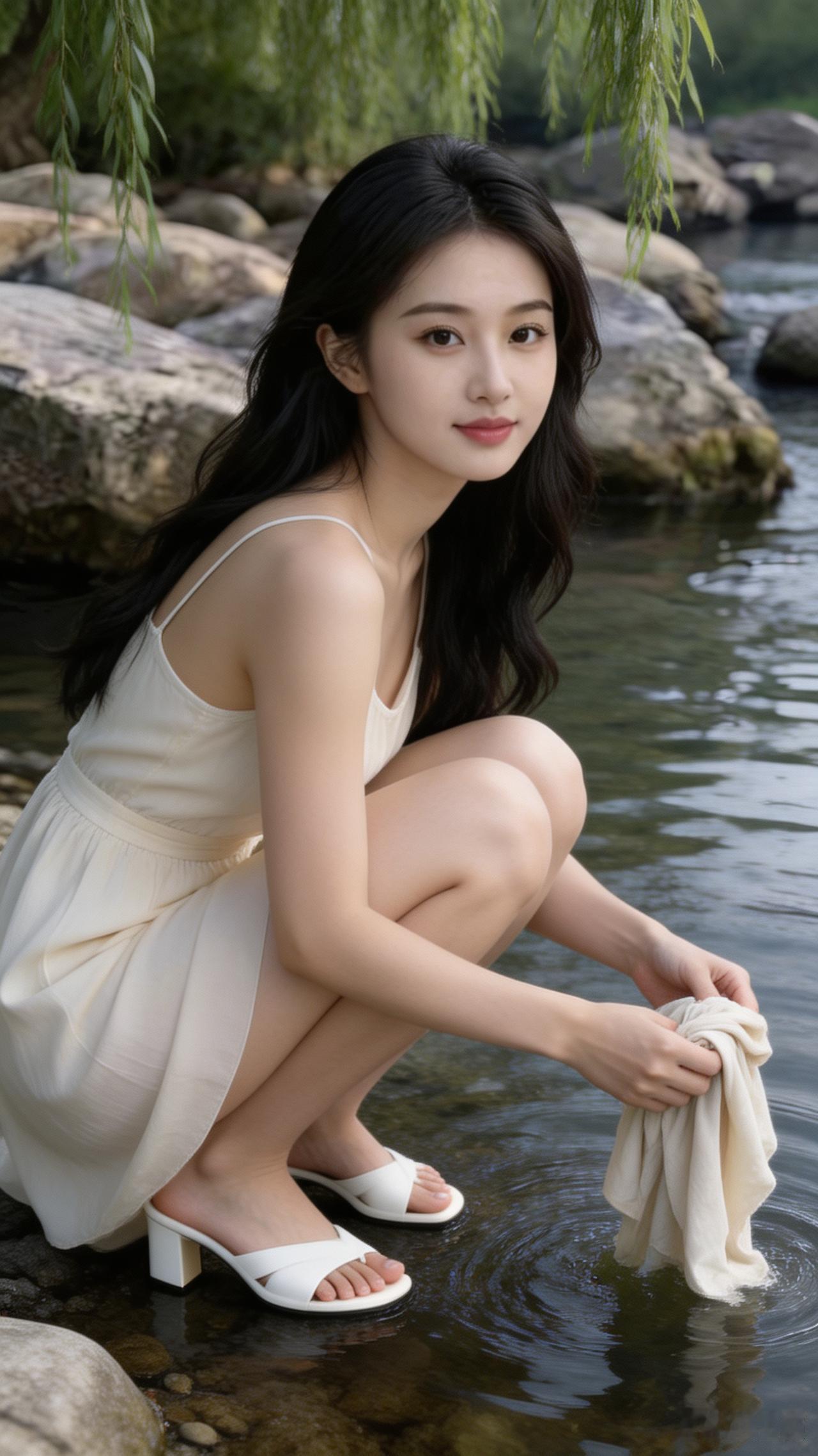 河边洗衣，美女也爱劳动