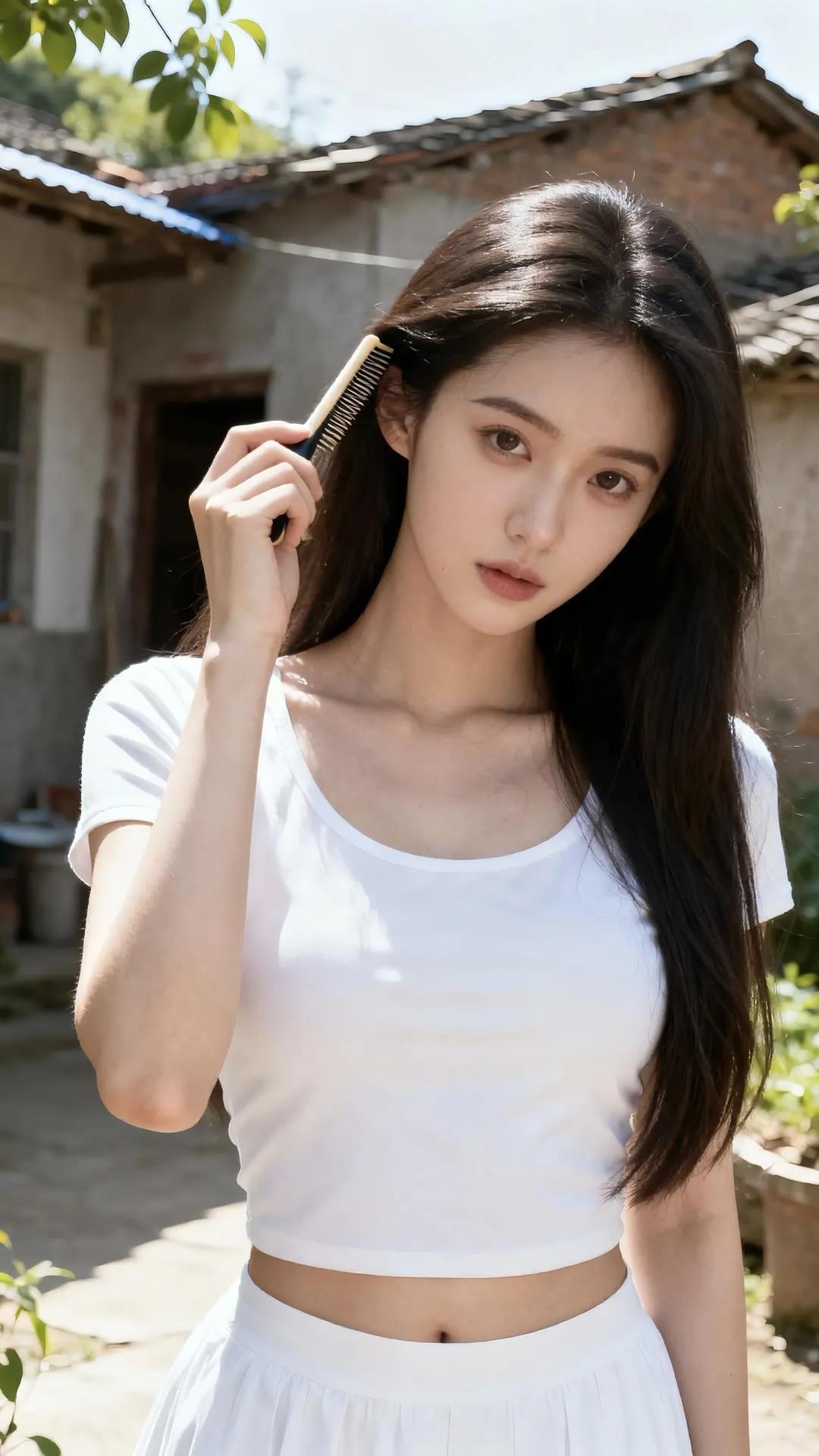 夏日清新风，白色上衣搭配自然背景，轻松自在的感觉。街拍高清美女