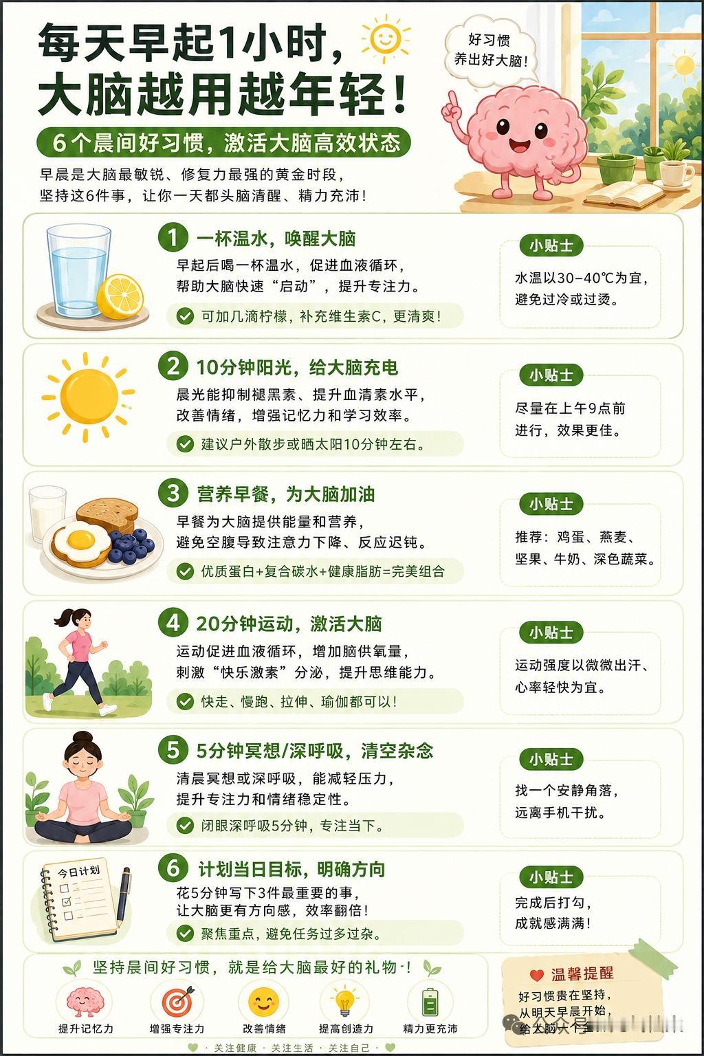 每天早起一小时，大脑越用越年轻！坚持这6件事，让你一天头脑越清醒，精力充沛！