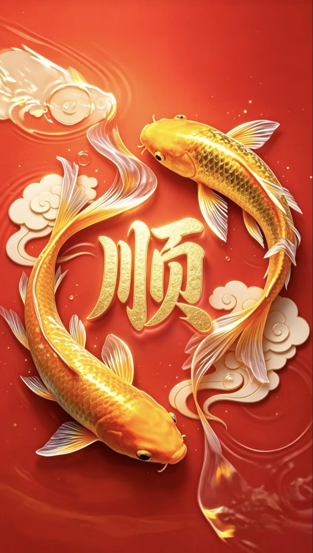 ​​顺风顺水，好运加倍🍀锦鲤摆尾游过，金色“顺”字闪闪发亮，好运正在向你奔涌
