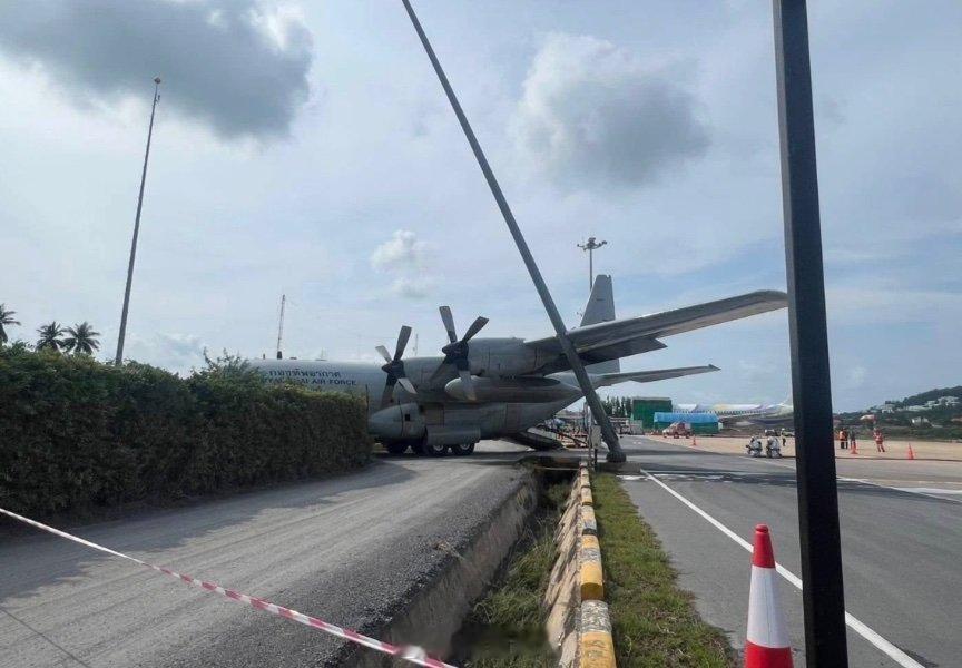 泰国皇家空军大力神C-130军用运输机在泰国苏梅岛机场启动发动机时因刹车系统