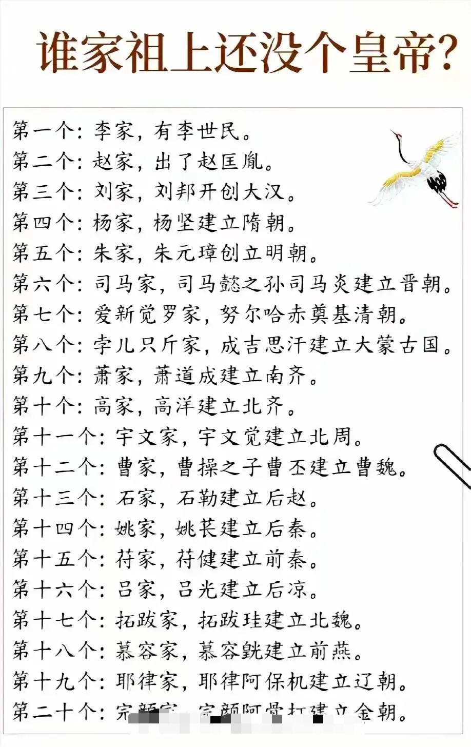 祖上有皇帝的二十个姓，有你家吗