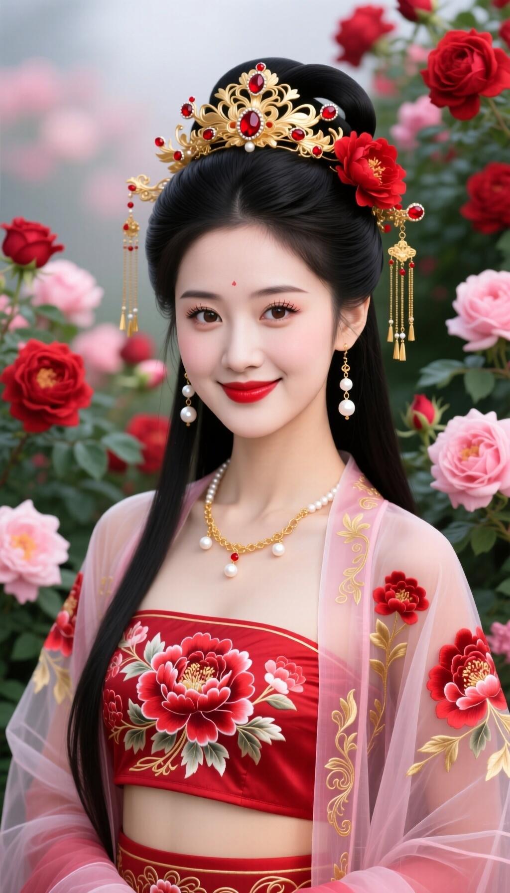 古风美女，红衣花冠，惊艳了时光