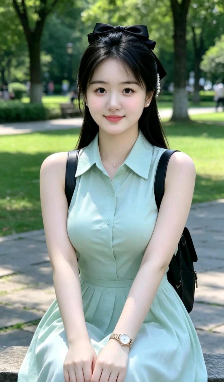 这姑娘在公园里坐着，笑得好甜！你认为美貌和人品哪个最重要气质女生拍照仰头舒展