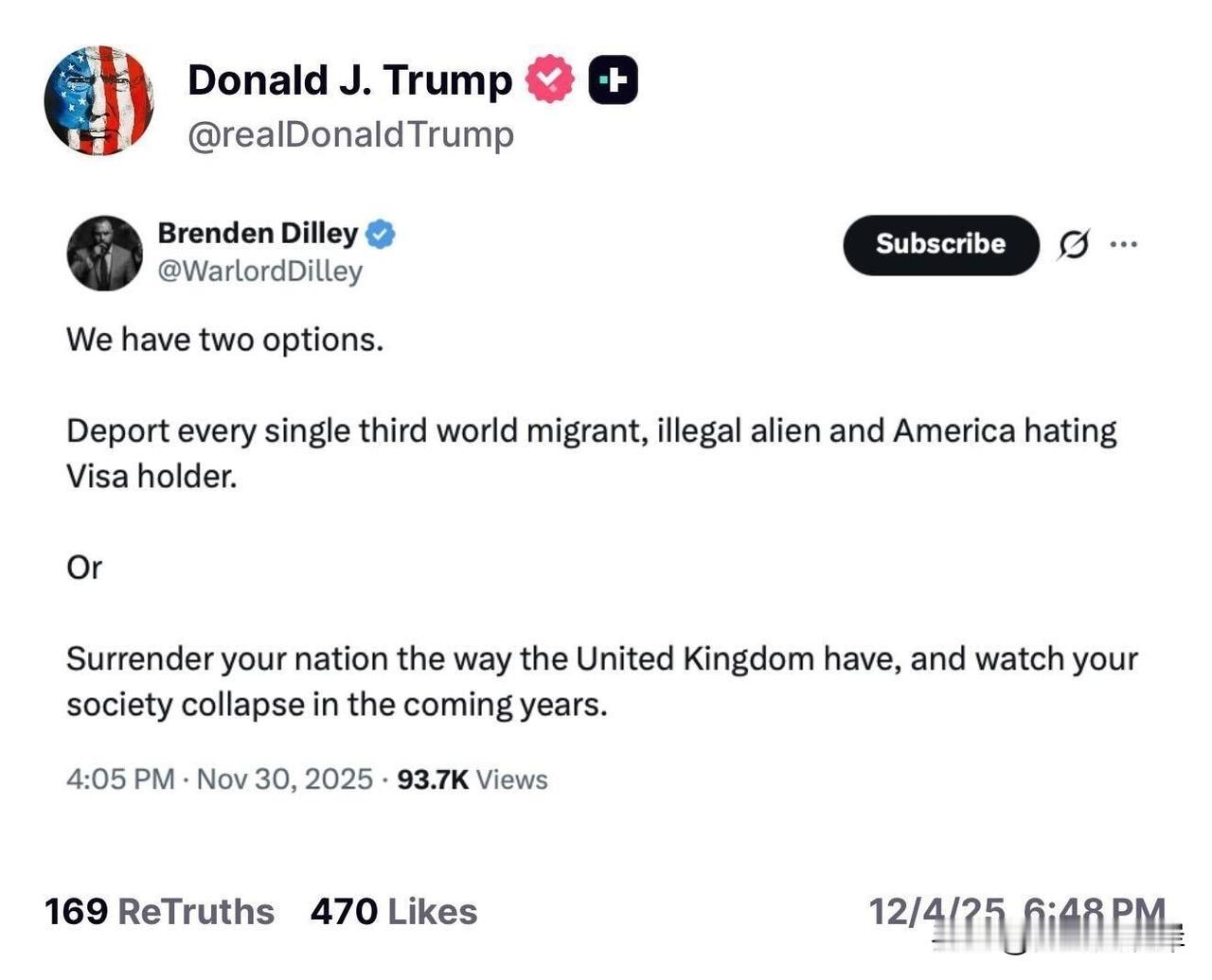 川普转发网友的贴文，给网友两个关于处理非法移民的选项。“我们有两个选择：
