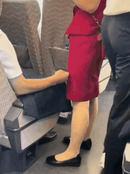 高铁上，年轻女乘务员正在为旅客服务，靠过道的一位男乘客，用手触碰了女乘务员的大腿