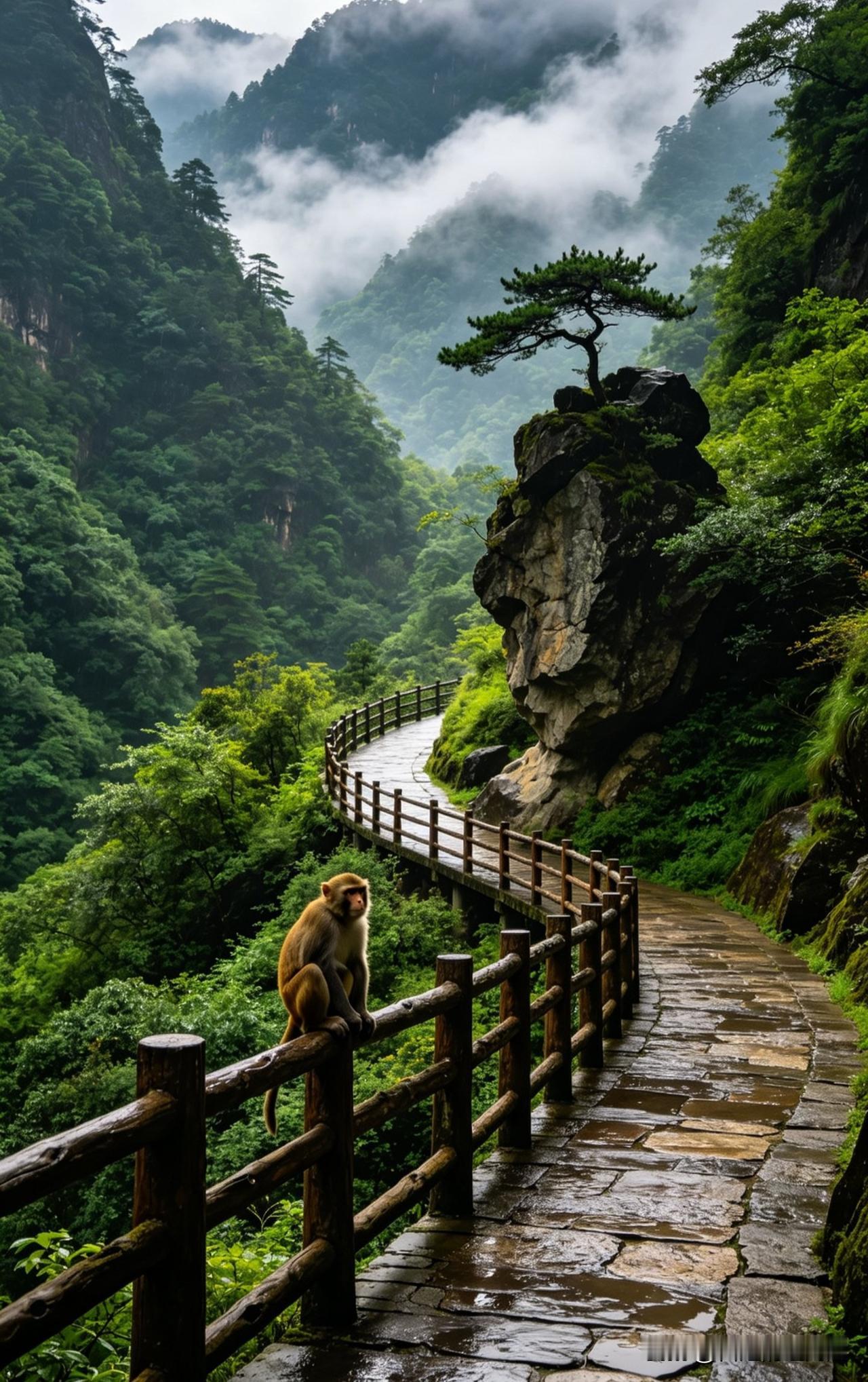 云雾漫过连绵青山，湿漉漉的石板栈道泛着水光孤松立在奇石之上，满眼都是治愈的浓绿