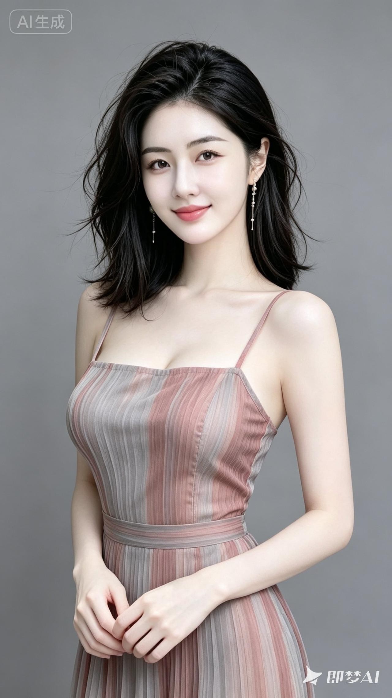 温柔甜美的少女，粉色条纹连衣裙，微笑动人！