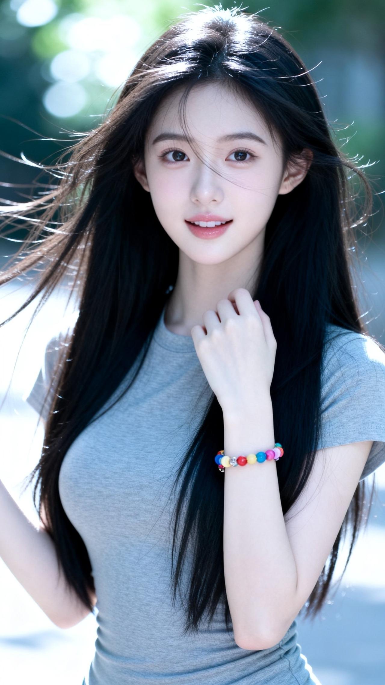 长发女孩，微笑着，阳光明媚。