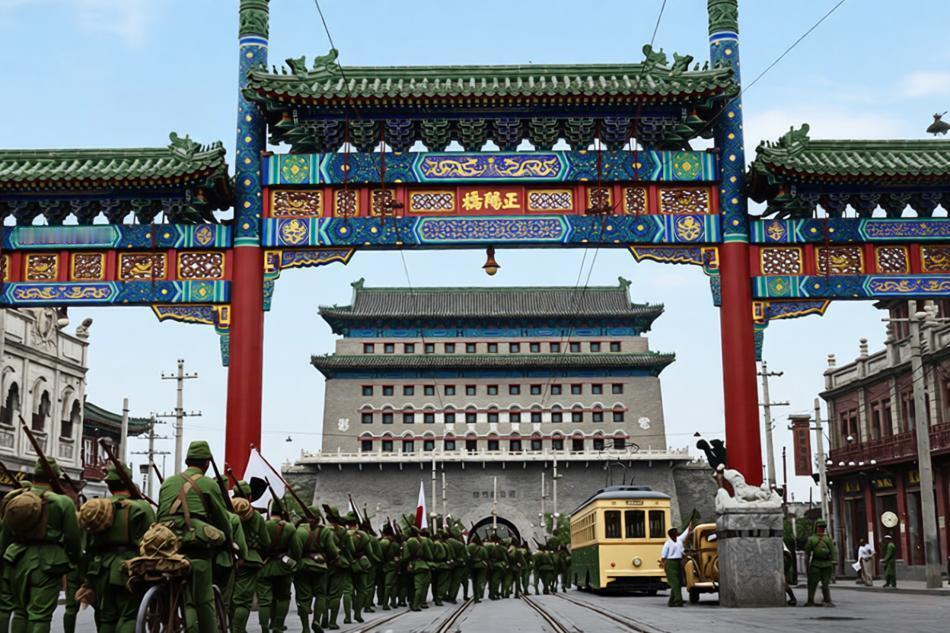 1937年8月8日，北平正阳门前门箭楼，日军举行占领北平入城式，日军步兵、骑兵、