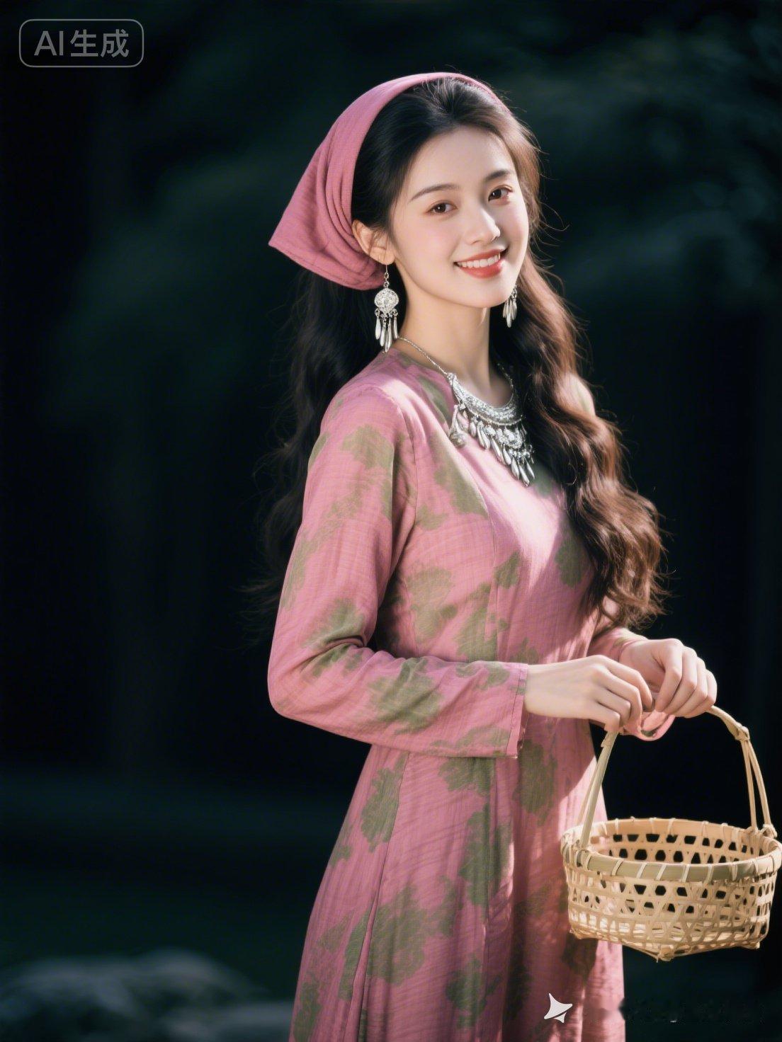 粉嫩少女风，复古连衣裙搭配精致耳饰，甜美笑容，宛如梦中的少女。