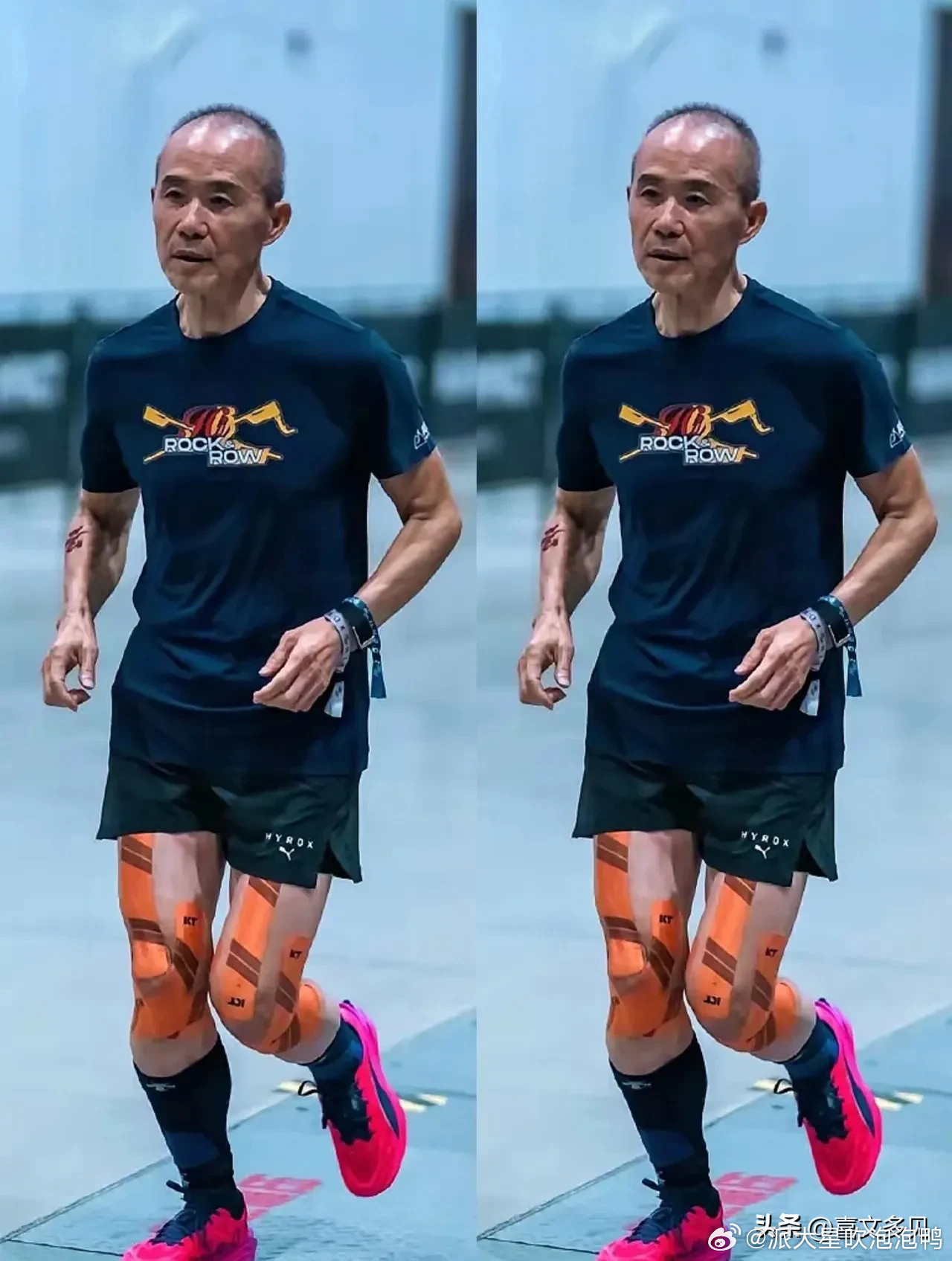 75岁王石，跑步锻炼身体，腿上贴满胶带，够拼的。老王在健身房锻炼，从不惜体力，即