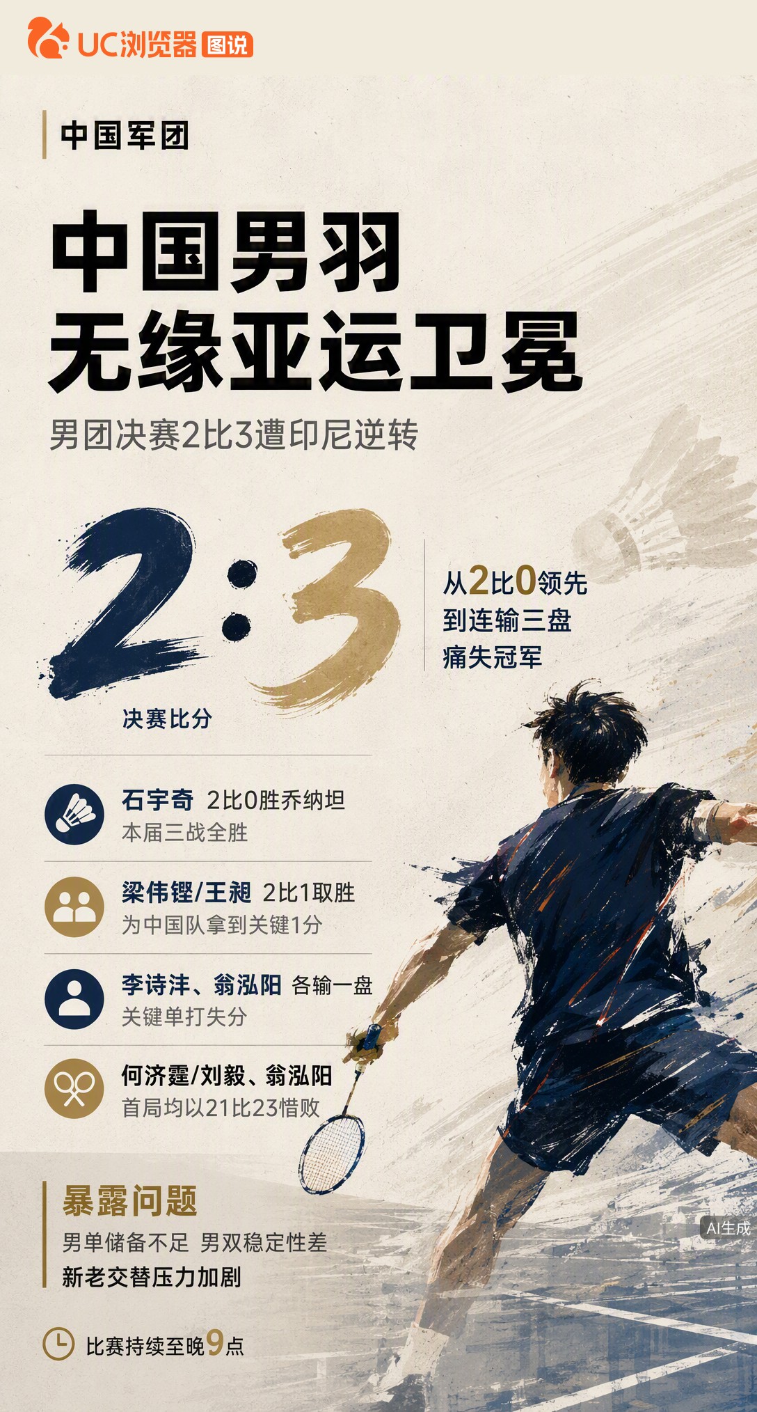 2比0领先连丢三盘！中国男羽决赛遭印尼逆转无缘卫冕。石宇奇三战全胜难救主，关键分惜败暴露男单储备与男
