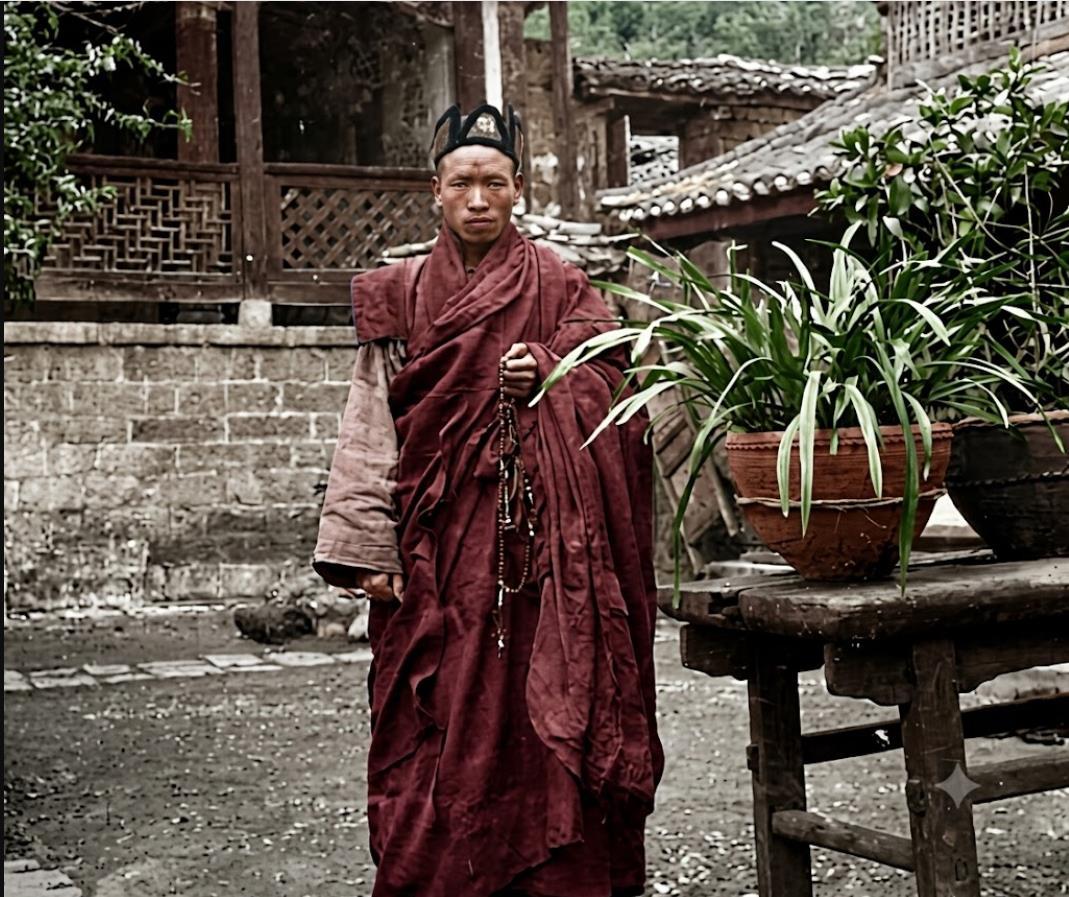 20世纪30年代云南丽江，寺院庭院里的年轻僧侣。年轻僧侣头戴僧帽，身披素色僧袍